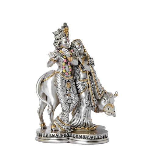 Sai Divya Silver Plated Radha Krishna Statue, Religious Decorative Figurine with Gold Accents and Floral Details