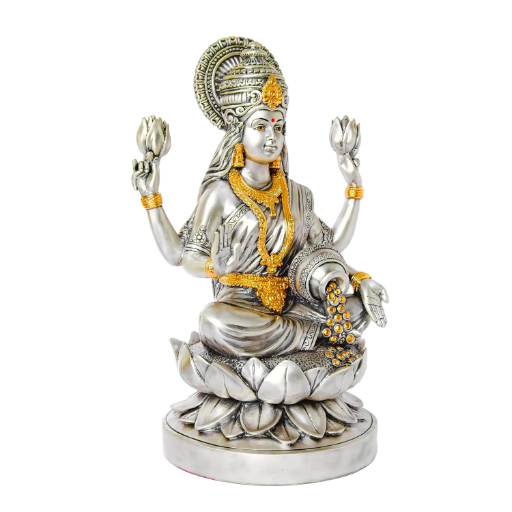 Sai Divya Lakshmi Idol on Lotus Throne Silver and Gold, Hindu Goddess Idol