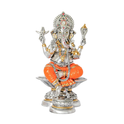 Sai Divya Silver Plated & Stone-Studded Lord Ganesha Decorative Idol with Orange Dhoti