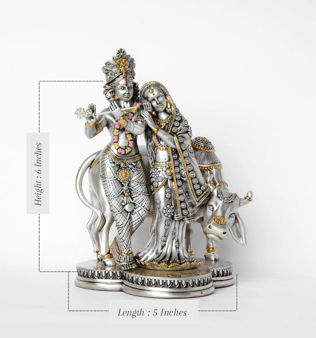 Sai Divya Silver Plated Radha Krishna Statue, Religious Decorative Figurine with Gold Accents and Floral Details