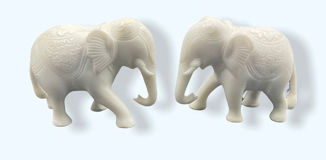 Sai Divya Antique Finish Pure Marble Trunk up Elephant/Standing/Handicraft Idol for Home Decor. (Set of 2)