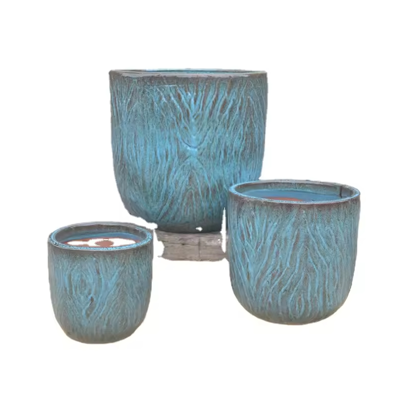 Set of Blue Textured Ceramic Planters
