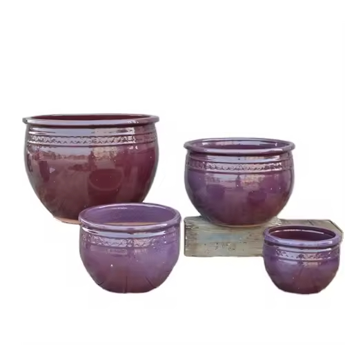 Set of purple ceramic flower pots