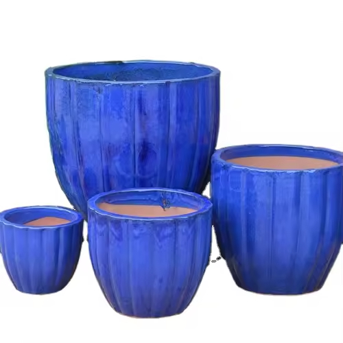 Set of Blue Ceramic Flowerpots