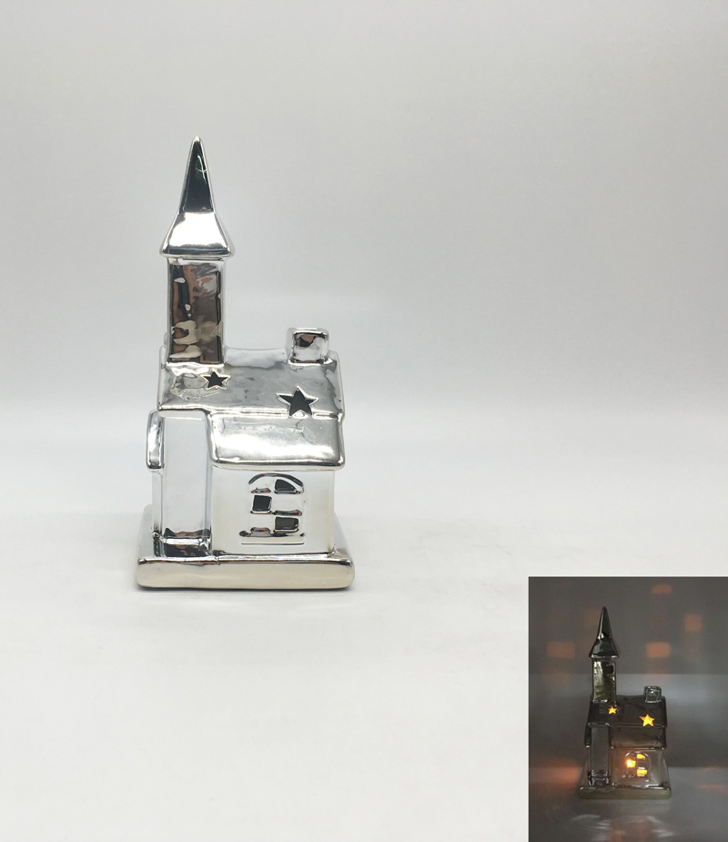 Silver Ceramic Church Tealight Holder