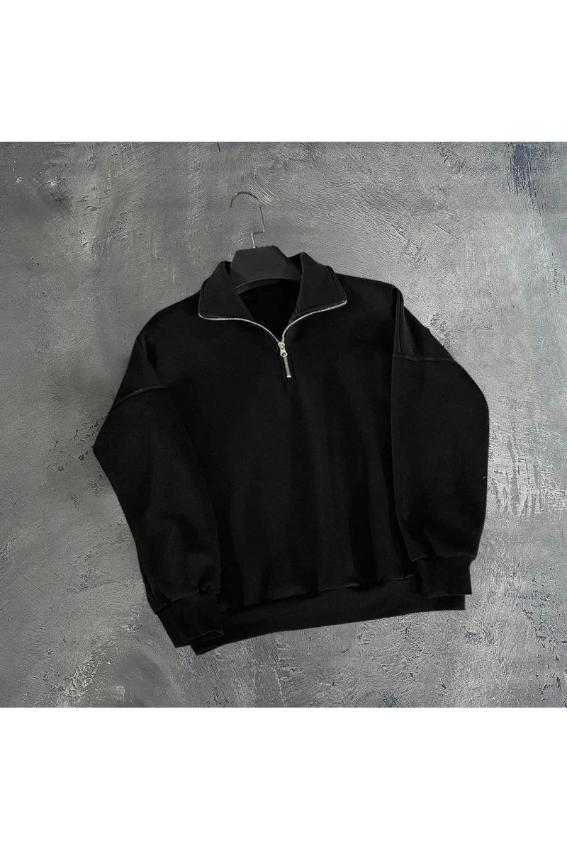Siyah Yarım Fermuarlı Sweatshirt