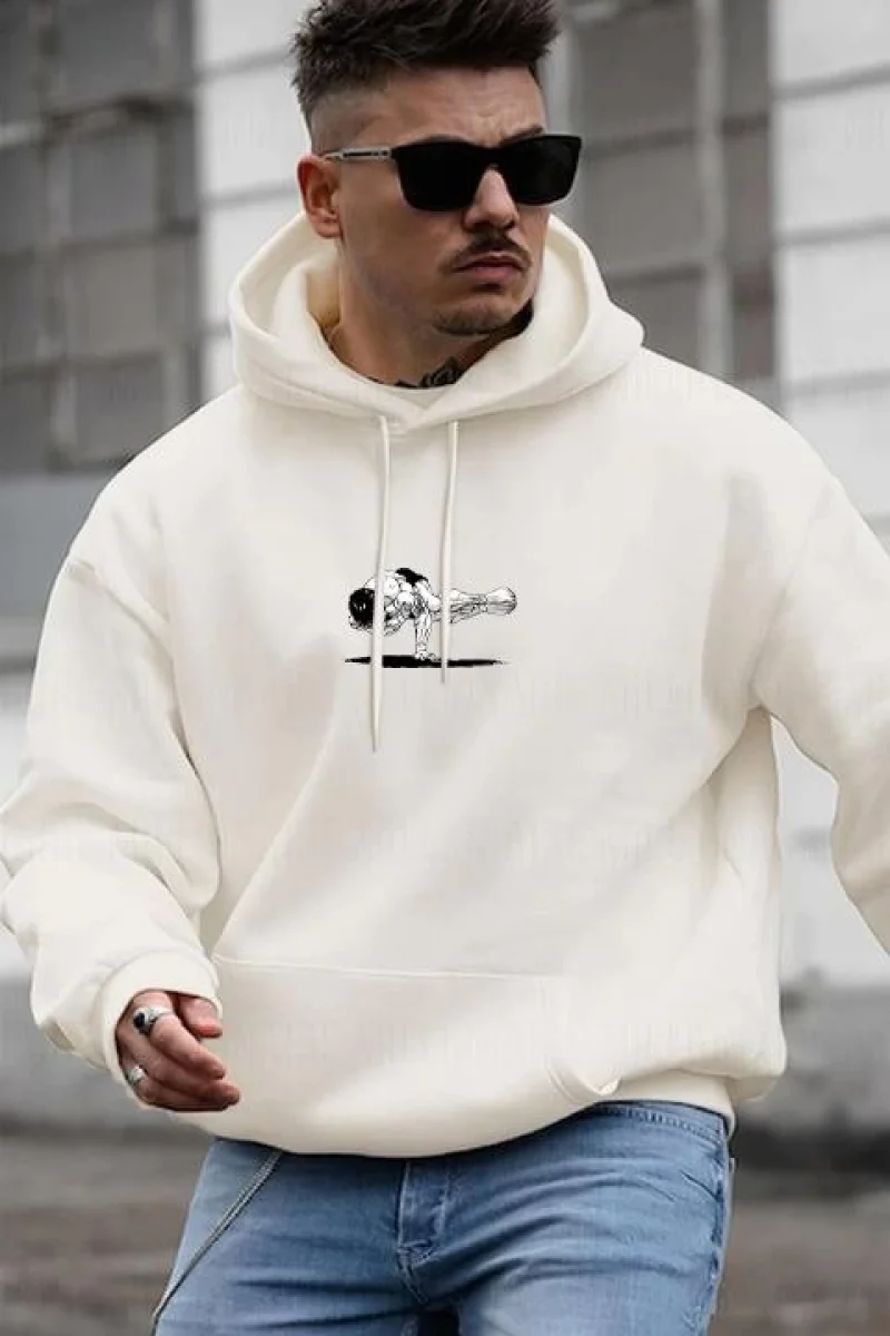 Beyaz Baskılı Kapüşonlu Sweatshirt