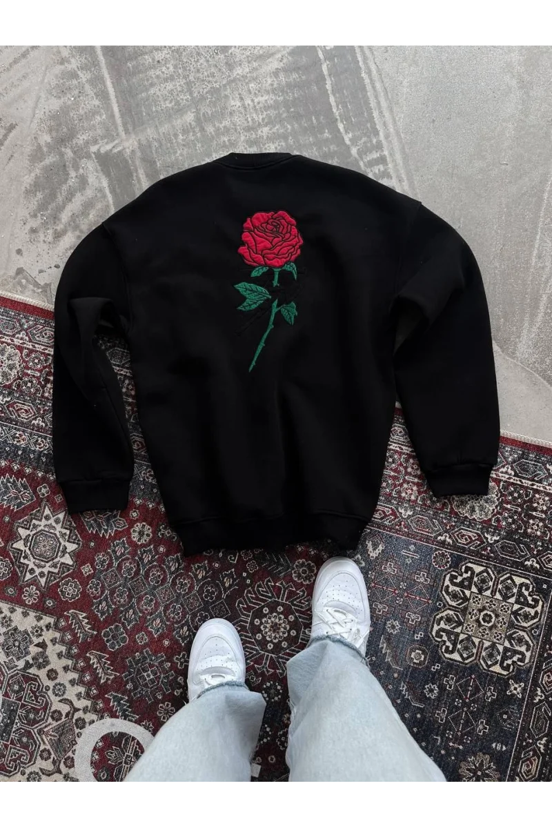 Gül Nakışlı Siyah Sweatshirt