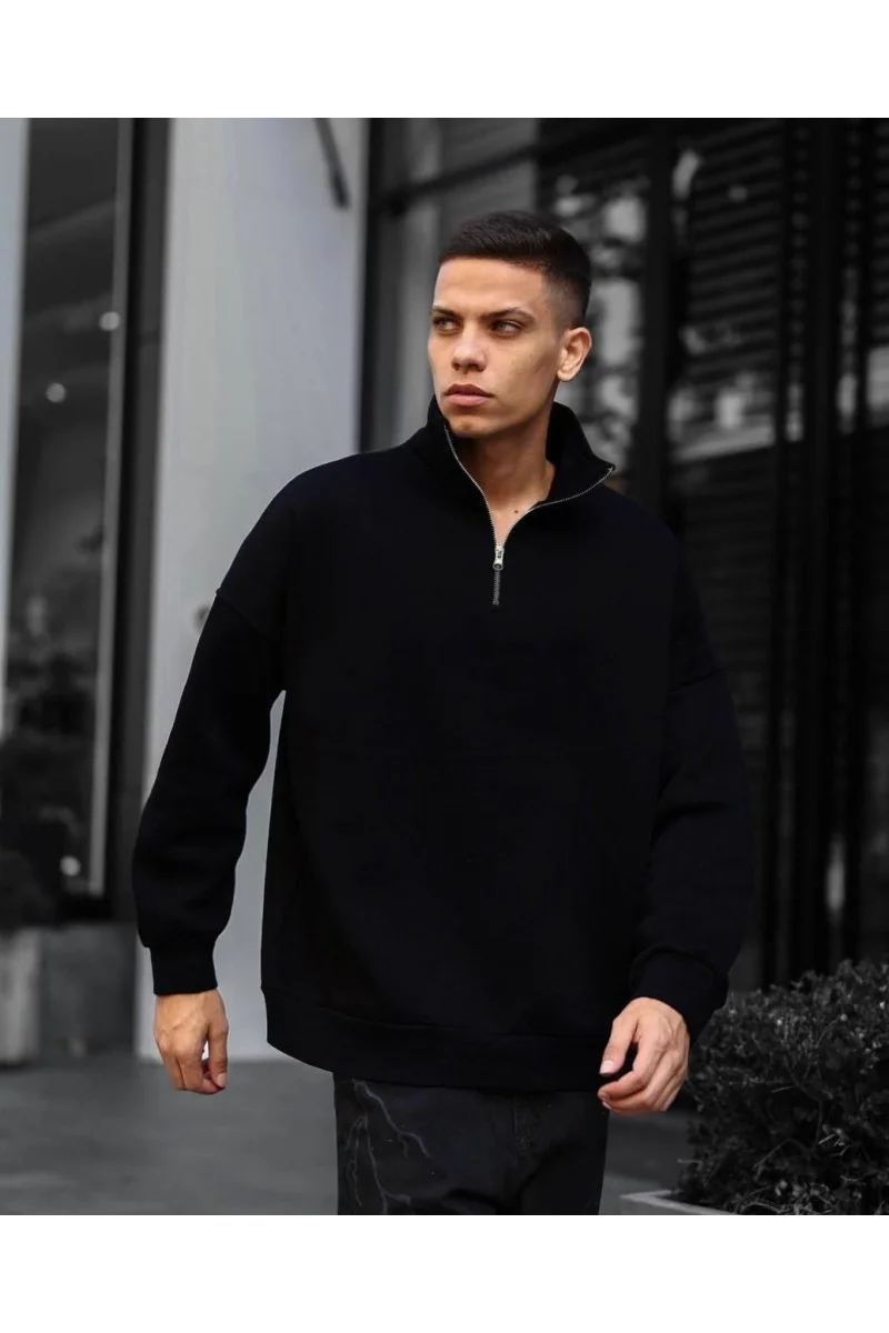 Siyah Yarım Fermuarlı Sweatshirt