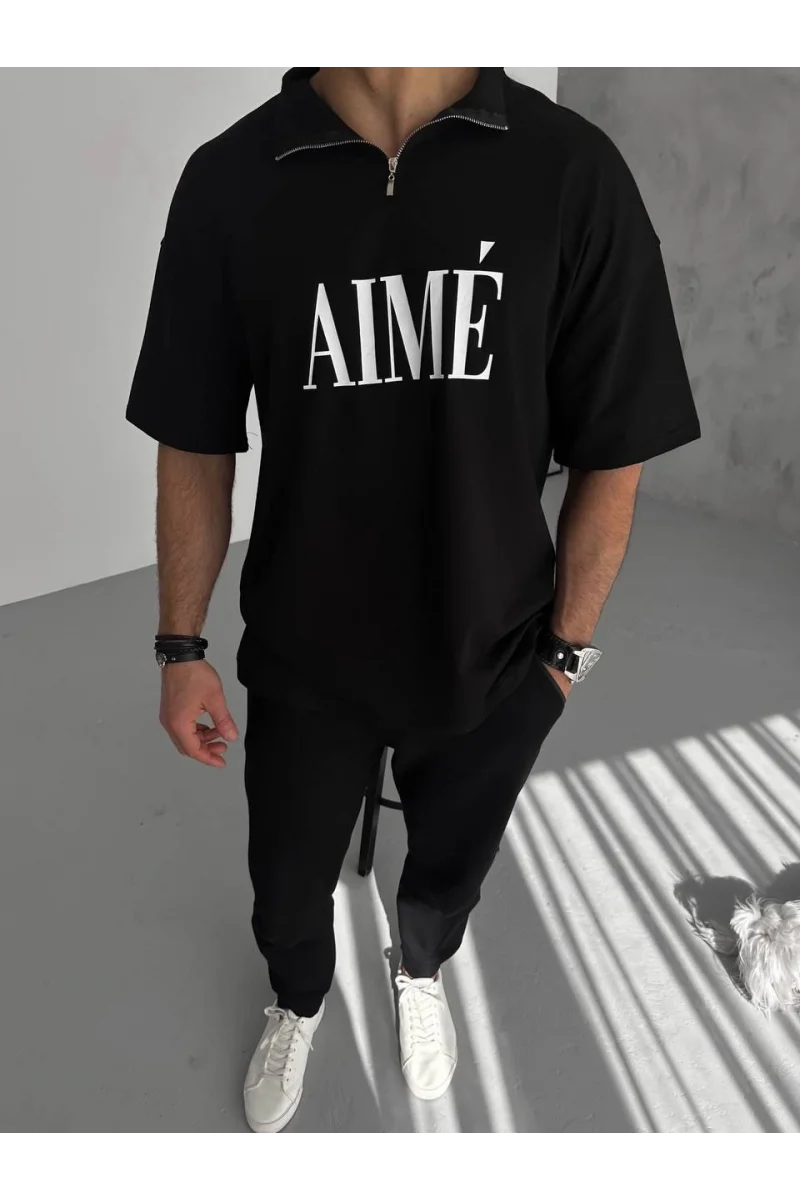 Unisex Yarım Fermuarlı Baskılı T-Shirt