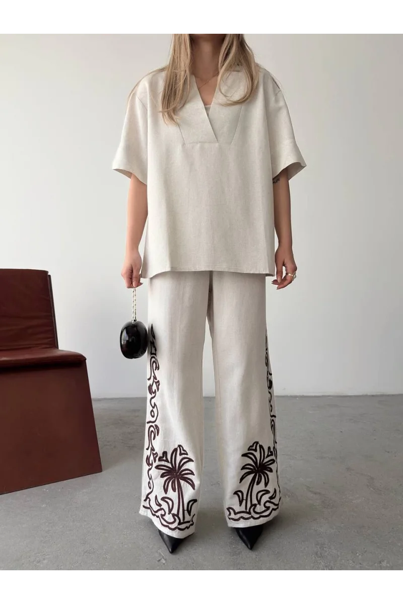 Keten Kısa kolu V Yaka Bluz Pantolon ikili Takım- Beyaz