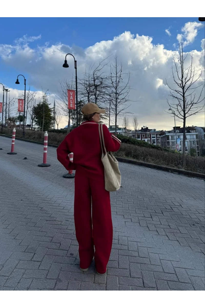 Üç İplik Yakalı Sweat Baggy Pantalonlu Takım - Bordo