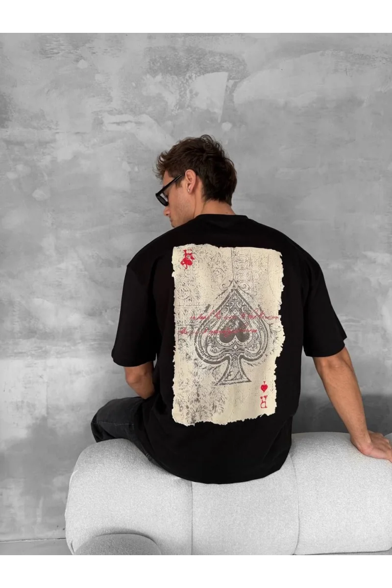 Ön ve Arka Baskılı Oversize Bisiklet Yaka T-shirt - Siyah 