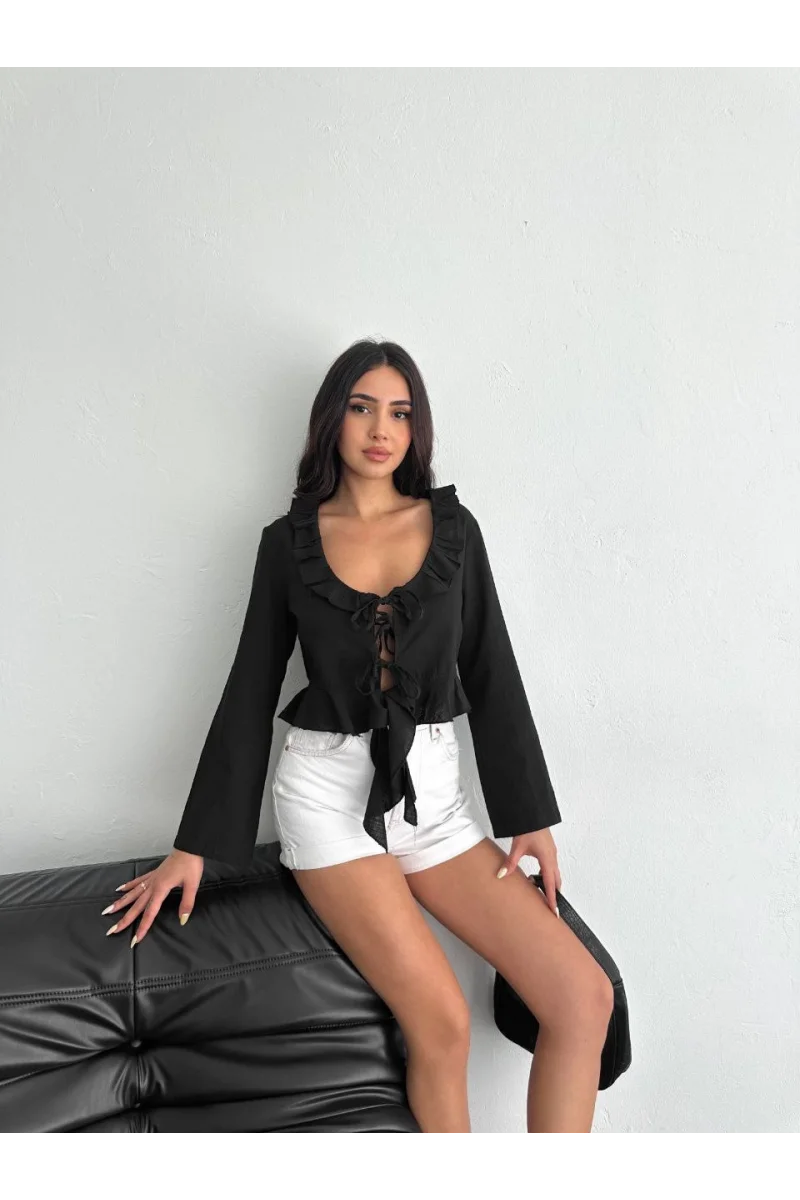 Keten Uzun Kol Bağacık Detaylı Bluz - Siyah