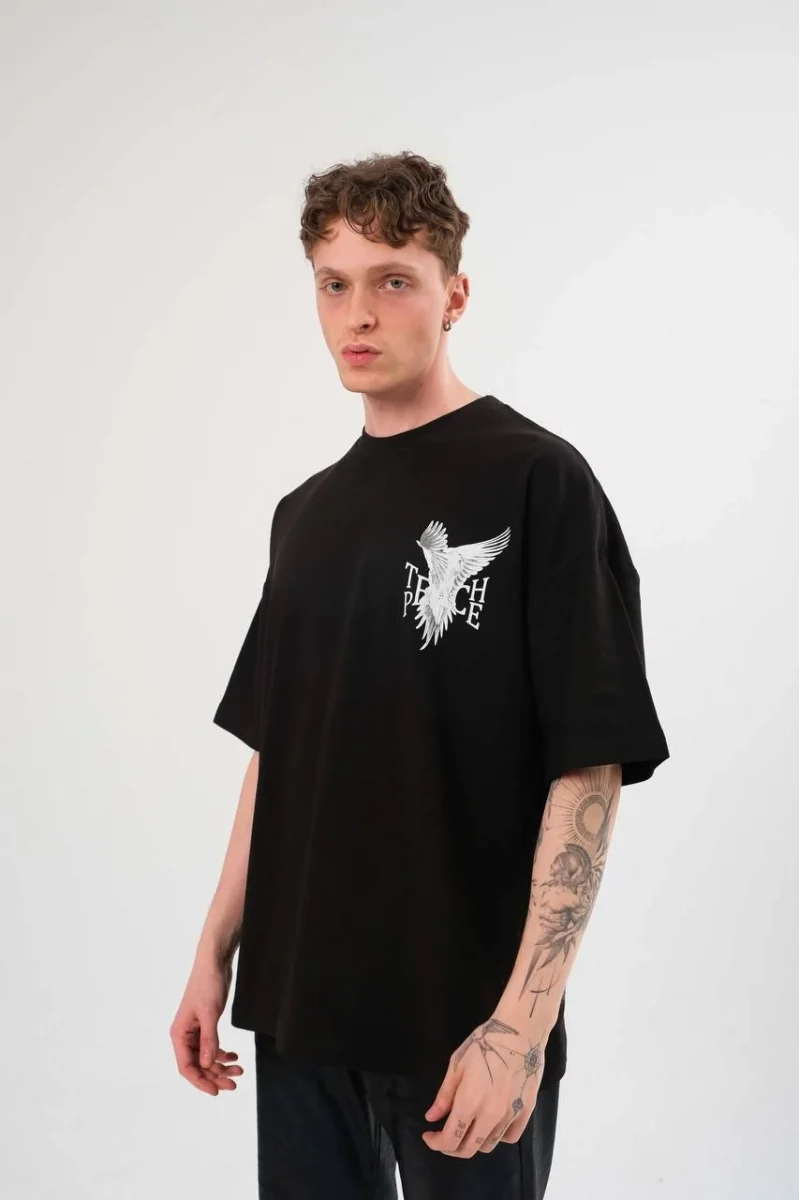 Unisex Bisiklet Yaka Baskılı Oversize T-Shirt