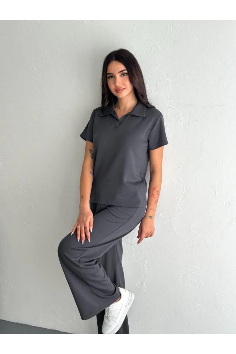 Osy Modal Yumuşak Dokulu Kumaş Kısa Kollu Yakalı T-shirt Pantalon ikili Takım- Antrasit