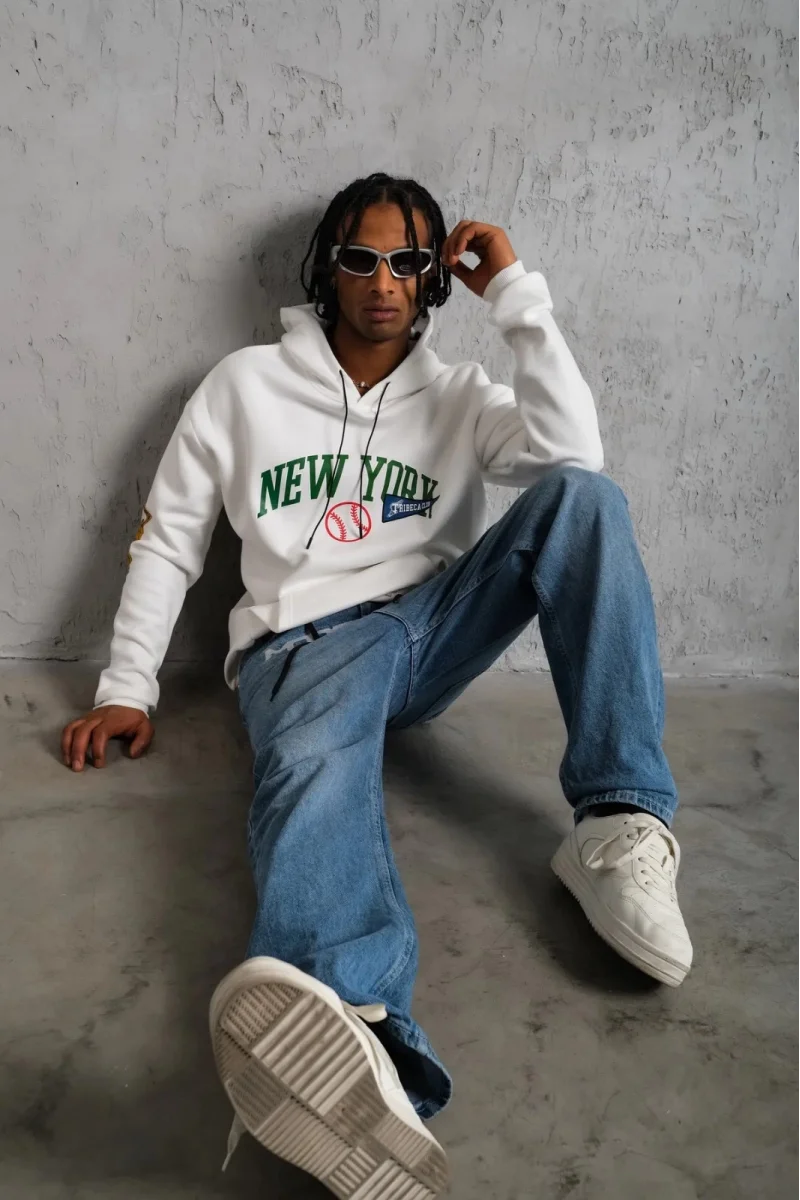 New York baskılı beyaz Sweatshirt