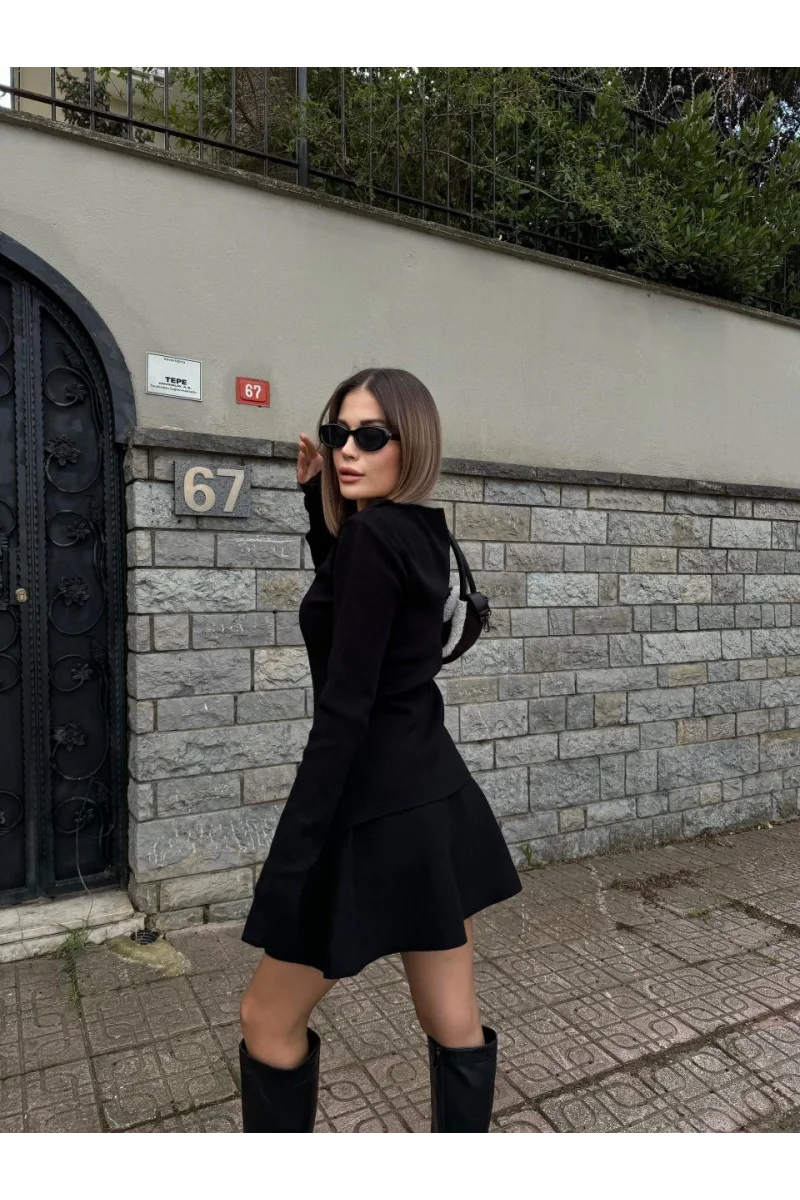 İkili Fermuarlı Hırkalı Etekli Takım - Siyah