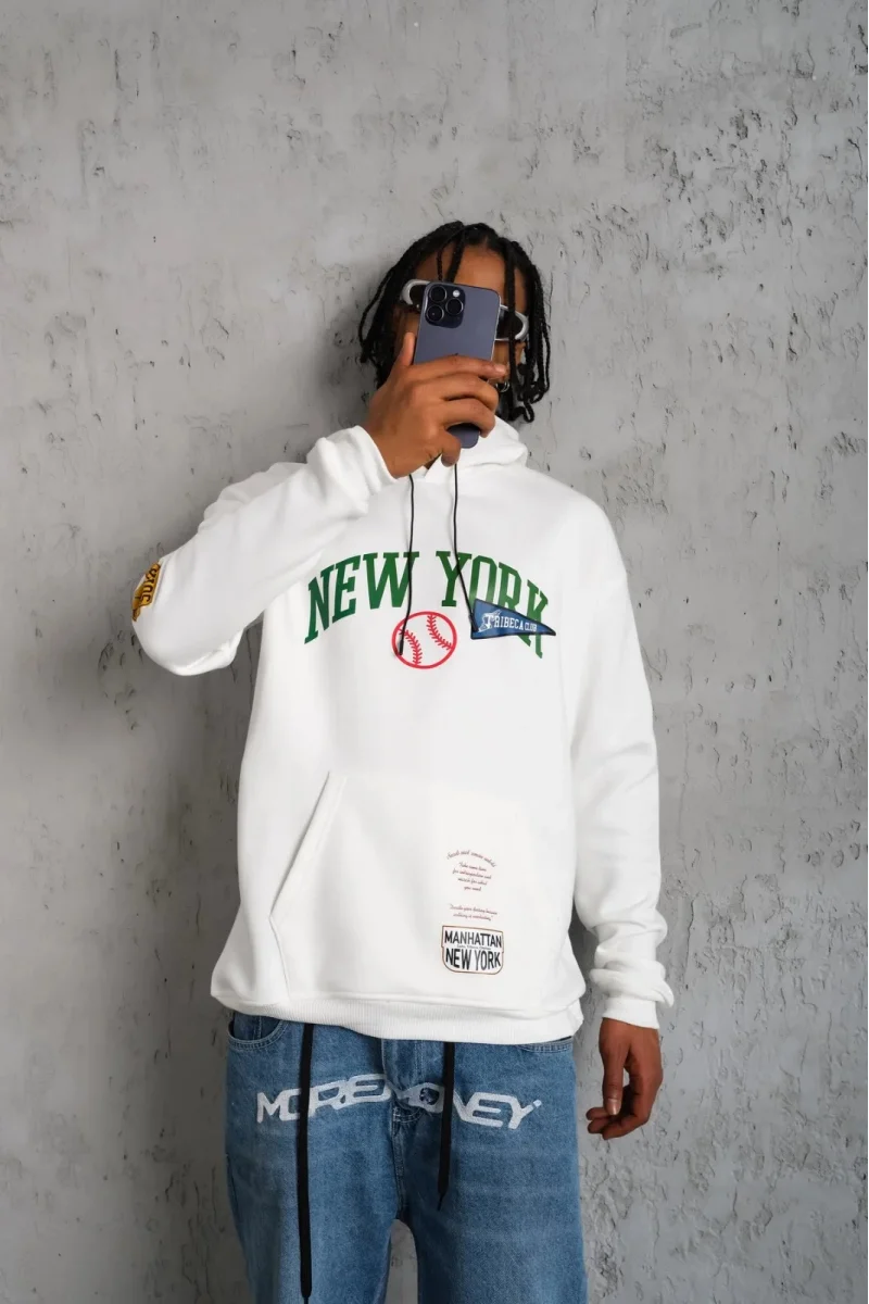 New York baskılı beyaz Sweatshirt
