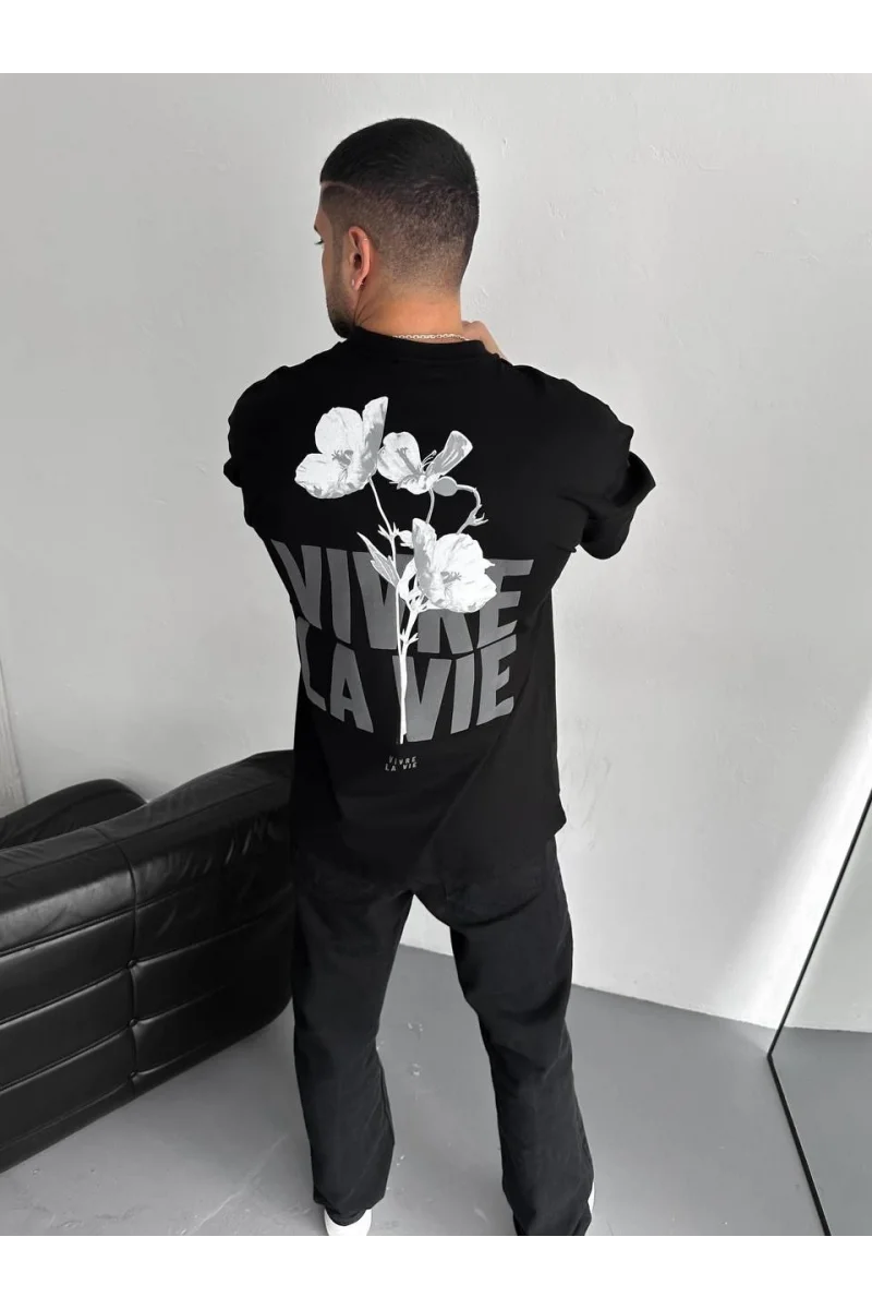 Baskılı Oversize Bisiklet Yaka T-shirt - Siyah 