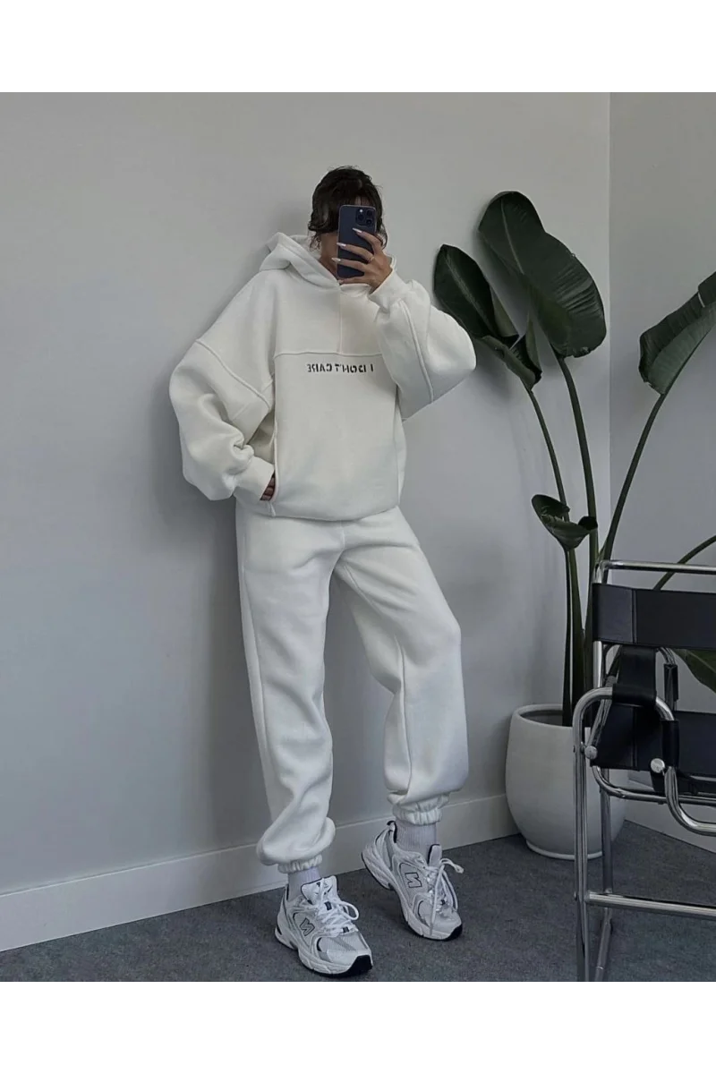 Nakış İşlemeli Üç İplik Sweat Takım- Beyaz