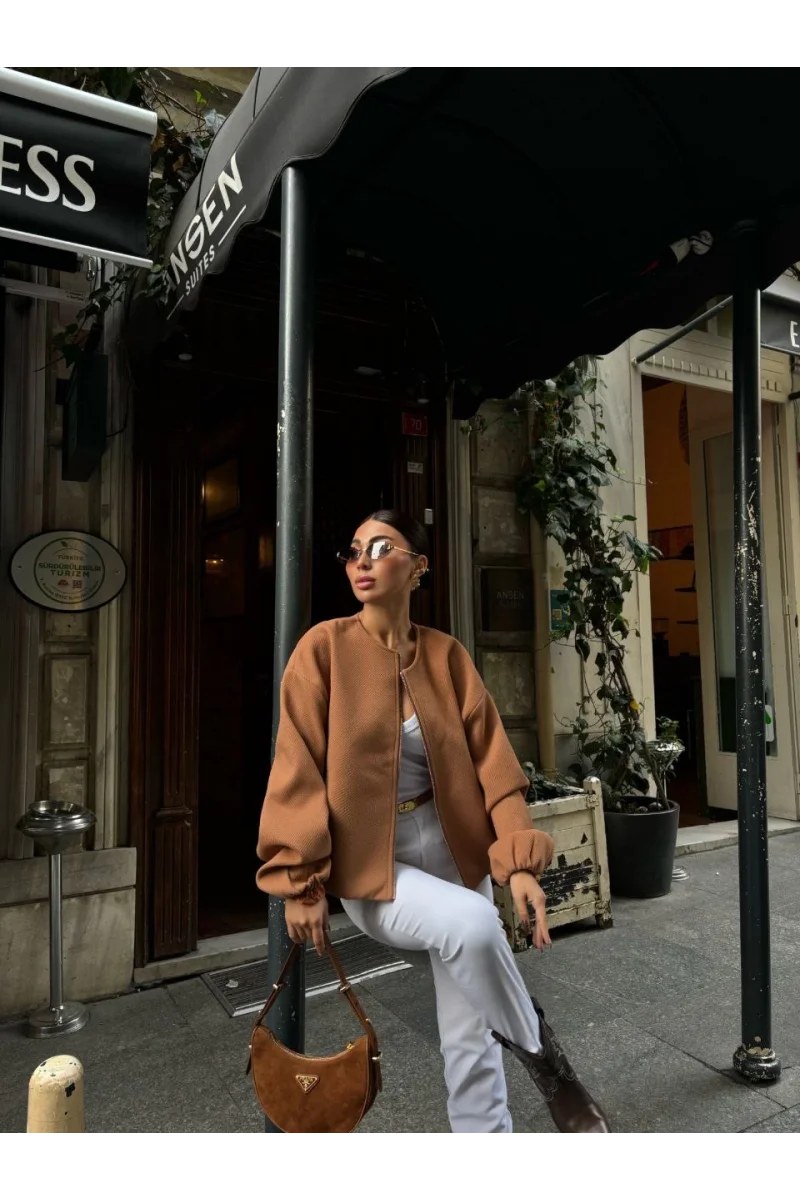 Kaşe Kaşmir Fermuarlı CEKET - Kahverengi