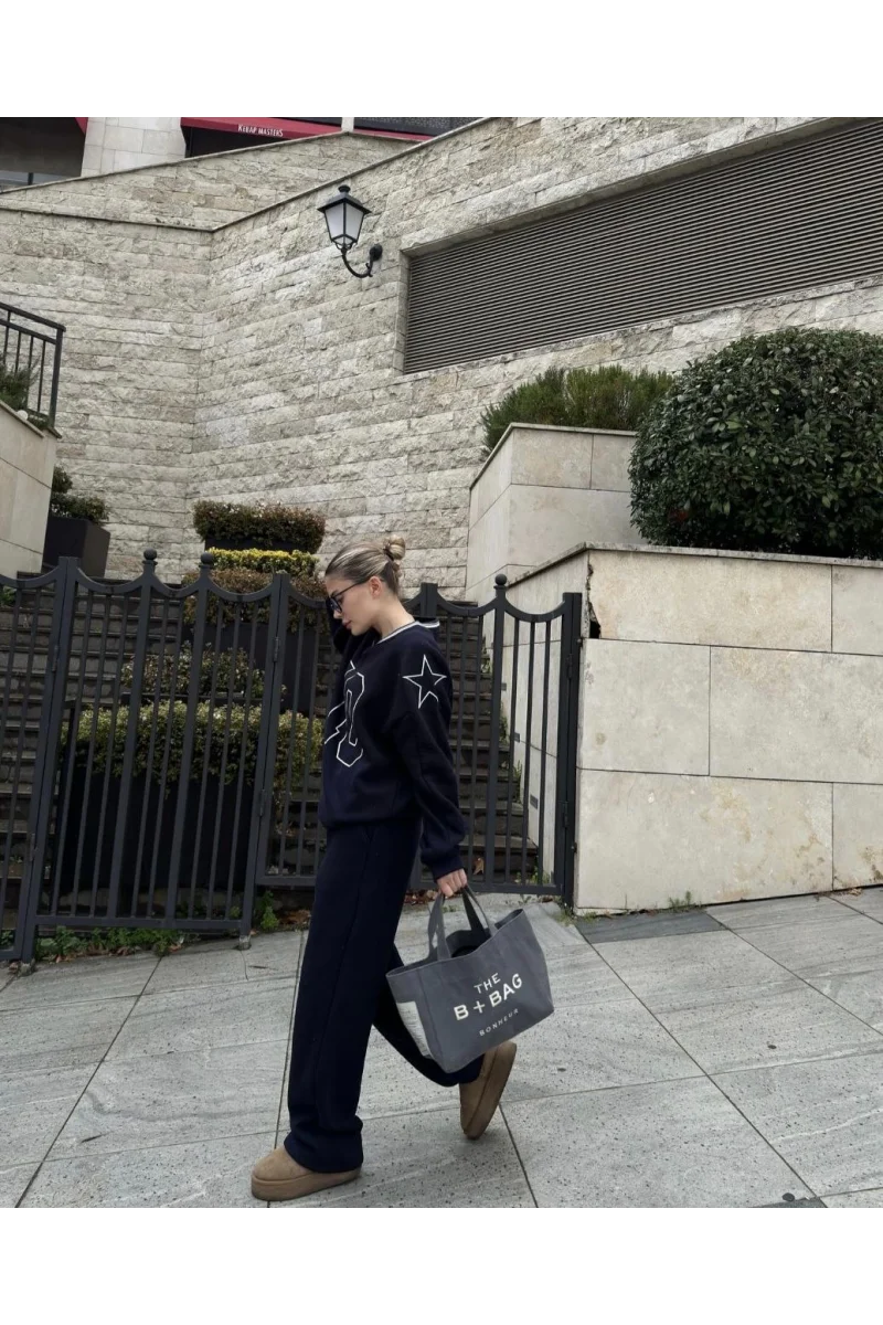 V Yaka Üç İplik Sweat Takım - Siyah