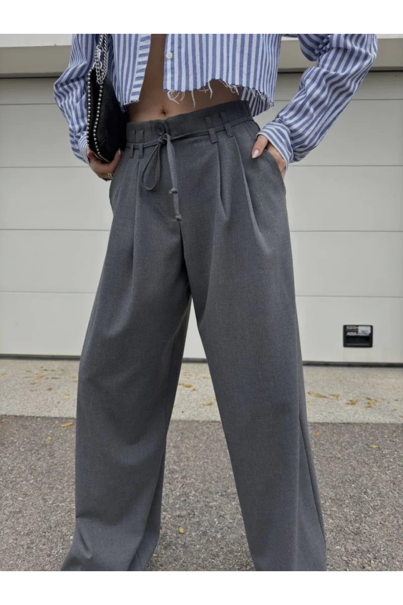 Bağcıklı Palazzo Bol Paça Pantolon - Gri