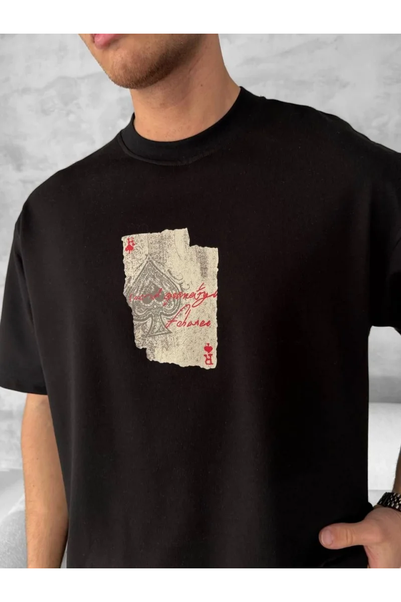 Ön ve Arka Baskılı Oversize Bisiklet Yaka T-shirt - Siyah 