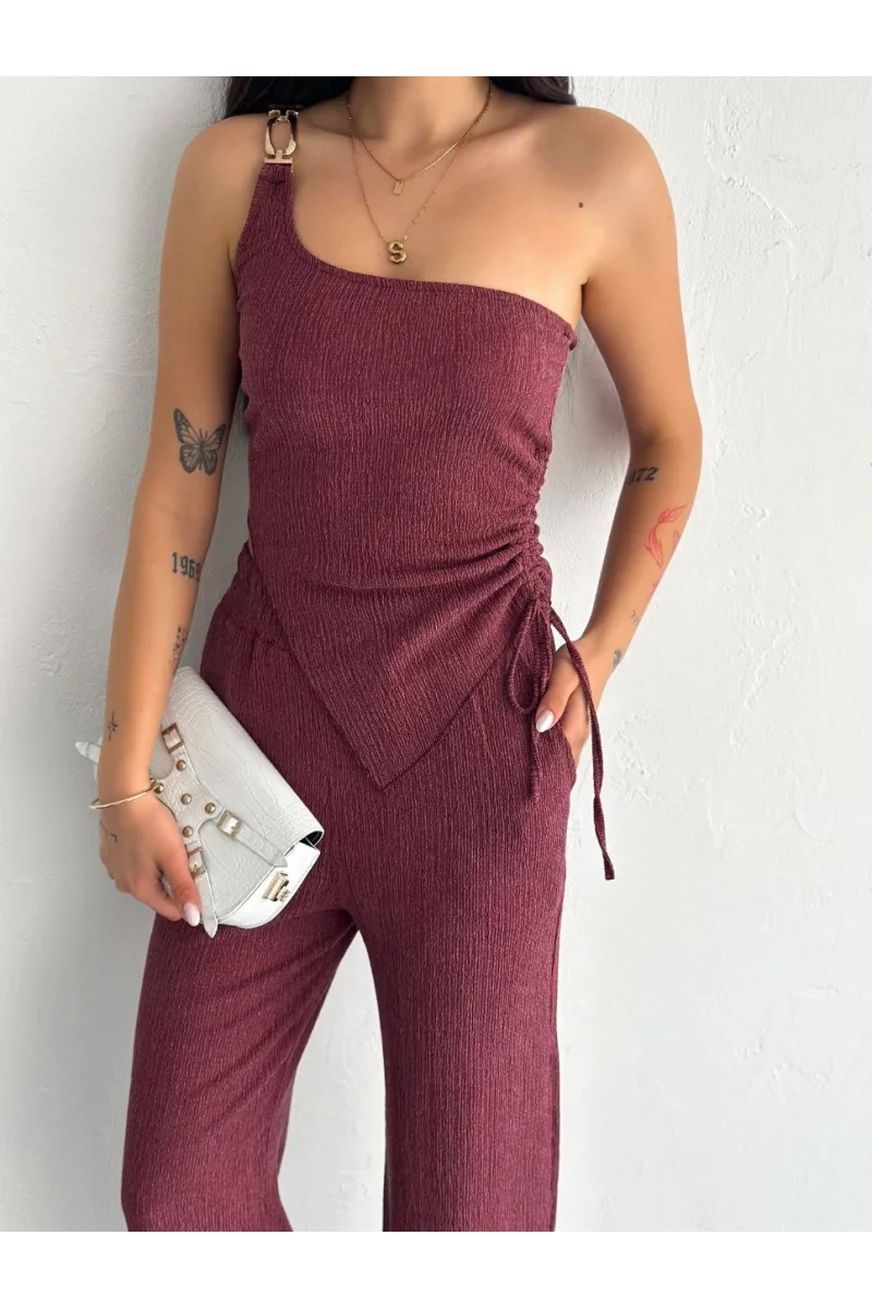 Asimetrik Crop Pantalon ikili Takım - Gül Kurusu