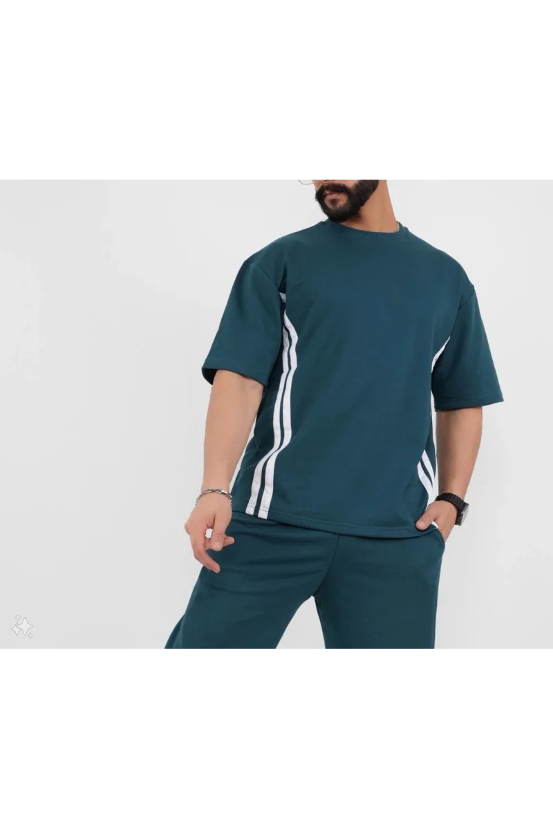 Unisex Oversize Yanları Şeritli T-Shirt - Yeşil