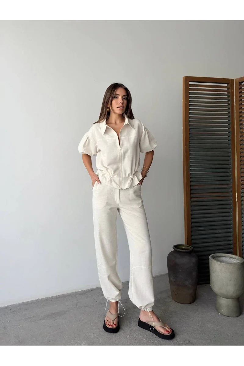 Keten Tam Fermuarlı Kısa kollu Gömlek Pantolon ikili Takım - Beyaz