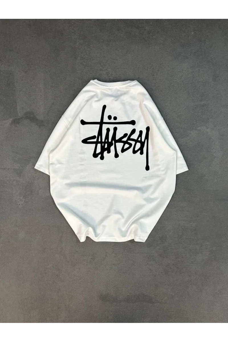 Unisex Bisiklet Yaka Baskılı Oversize T-Shirt - Beyaz