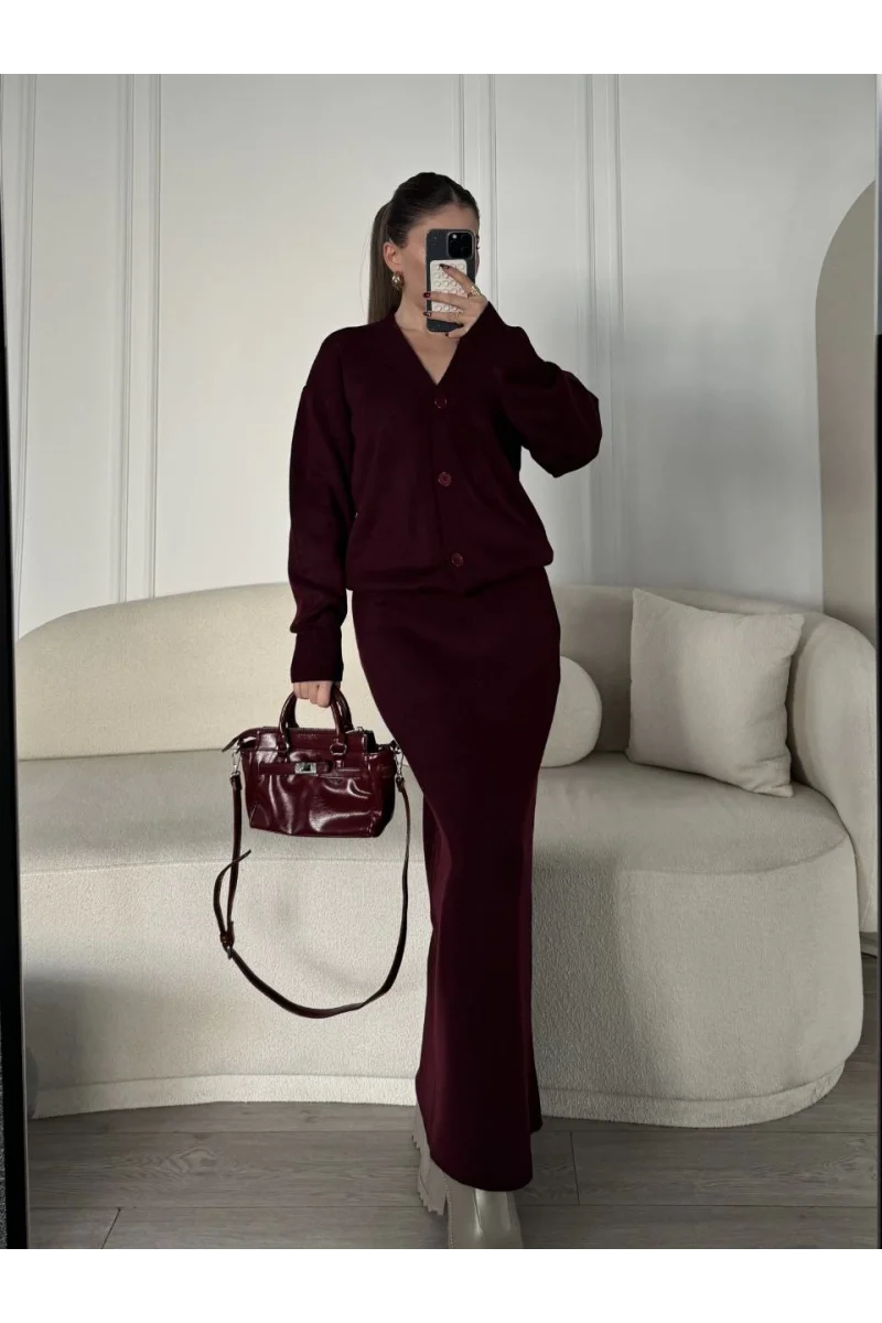 V Yaka 3 Düğmeli Hırka Takım Triko İkili Etekli - Bordo