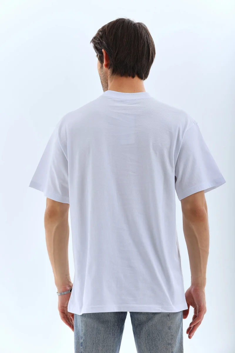 Unisex Oversize Taşlı Bisiklet Yaka T-Shirt - Beyaz