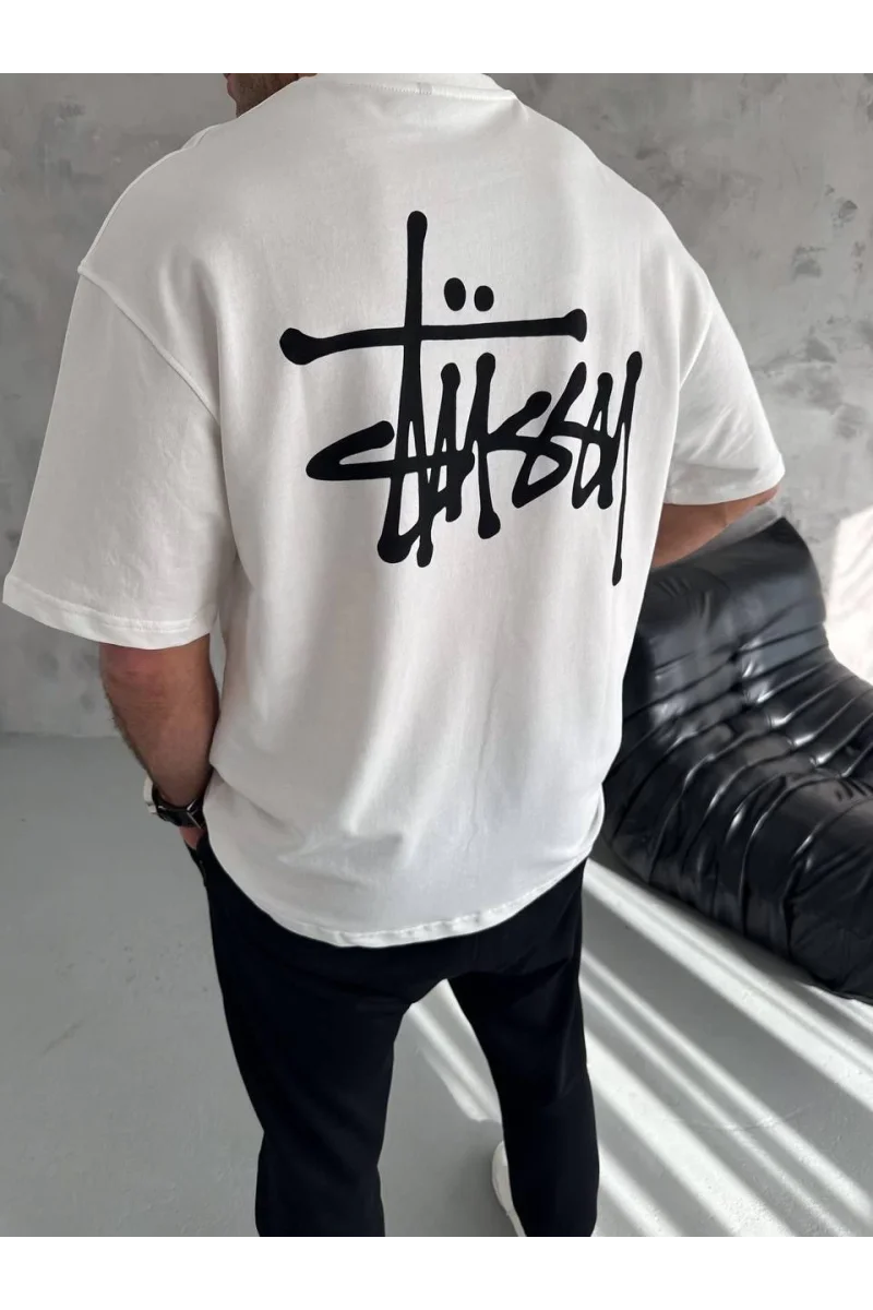 Unisex Bisiklet Yaka Baskılı Oversize T-Shirt - Beyaz