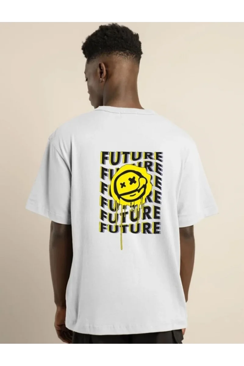 Unisex Bisiklet Yaka Baskılı Oversize T-Shirt