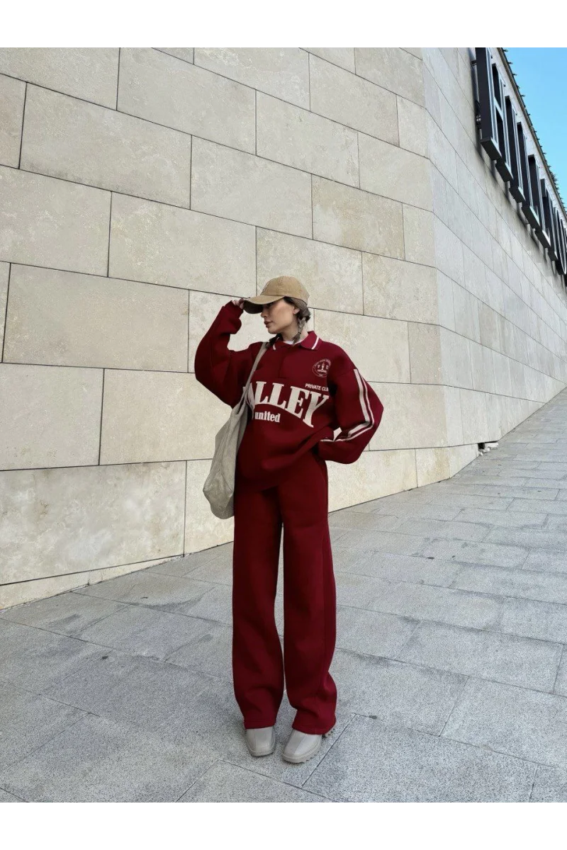 Üç İplik Yakalı Sweat Baggy Pantalonlu Takım - Bordo