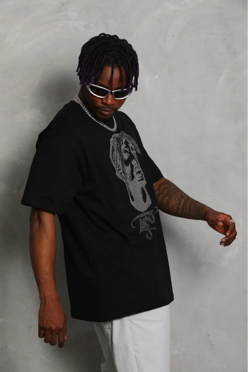 Unisex Oversize Taşlı Bisiklet Yaka T-Shirt