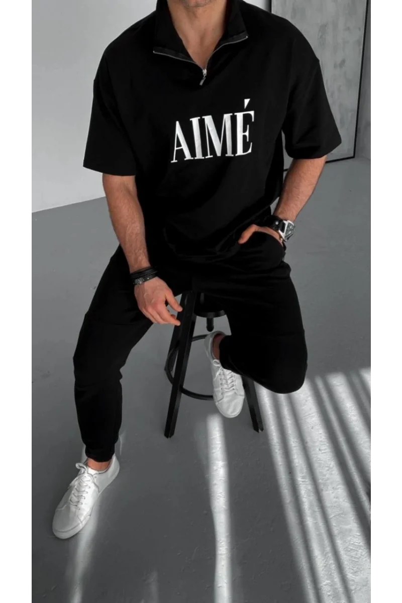 Unisex Yarım Fermuarlı Baskılı T-Shirt