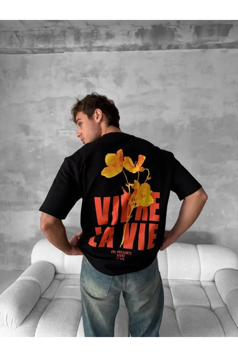 Ön ve Arka Baskılı Oversize Bisiklet Yaka T-shirt - siyah 