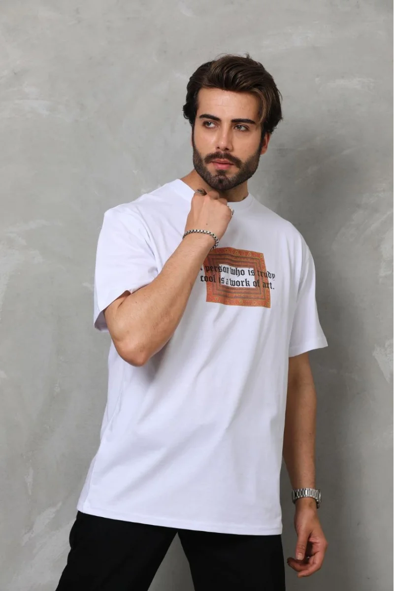 Unisex Bisiklet Yaka Baskılı Oversize T-Shirt - Beyaz 