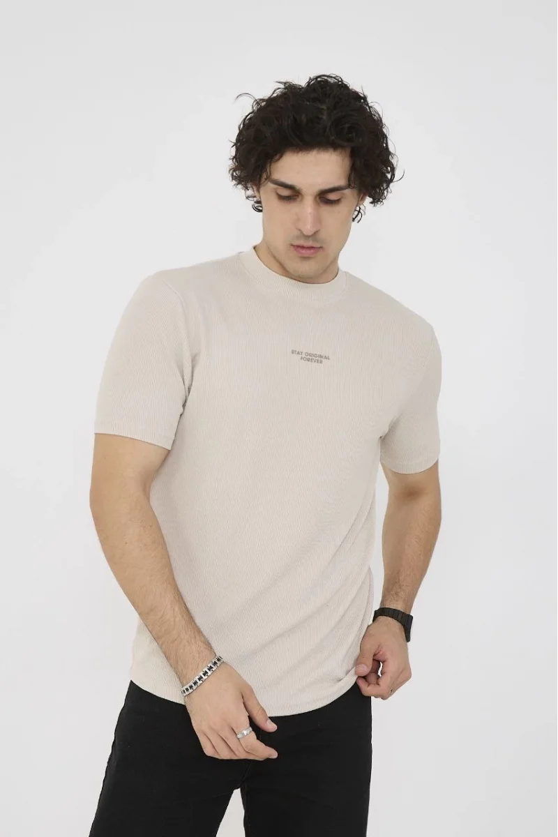 Unisex Bisiklet Yaka Slim fit T-Shirt - Bej