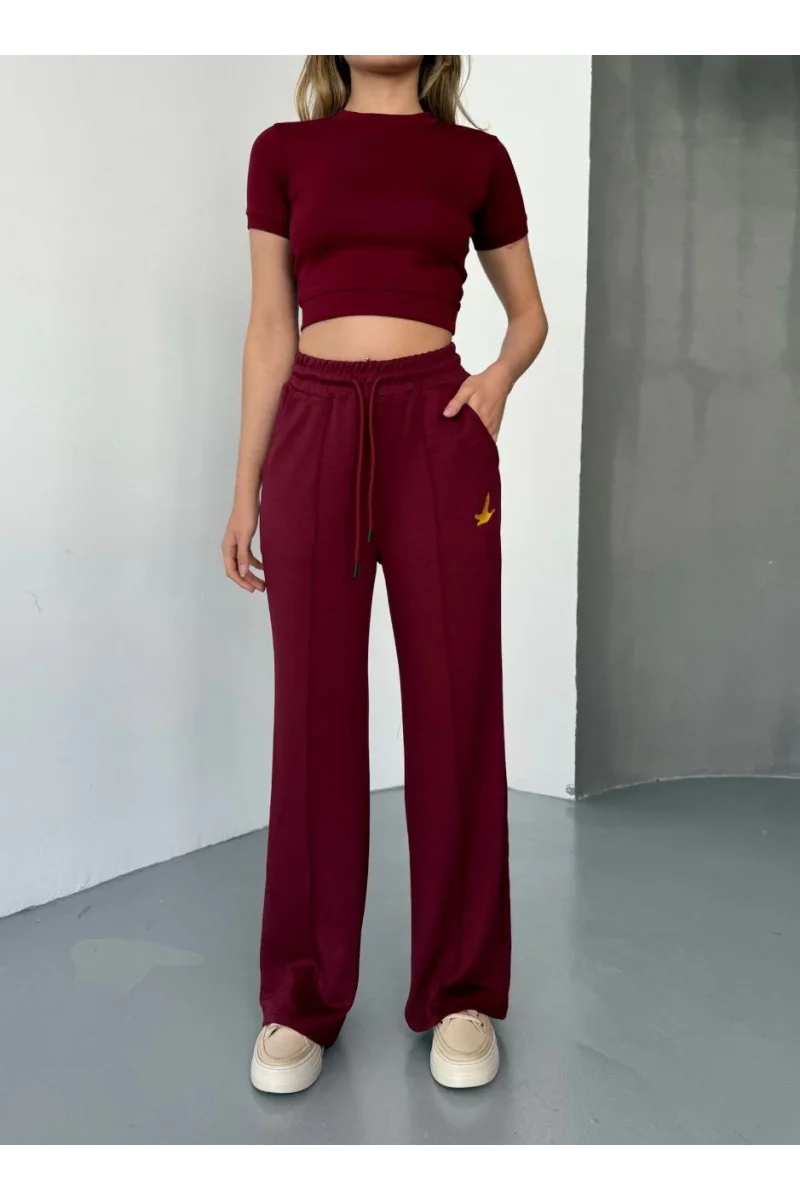 Osy Modal Yumuşak Dokulu Kumaş Nakış işlemeli Rahat Bol Paça Eşofman Pantalon - Bordo