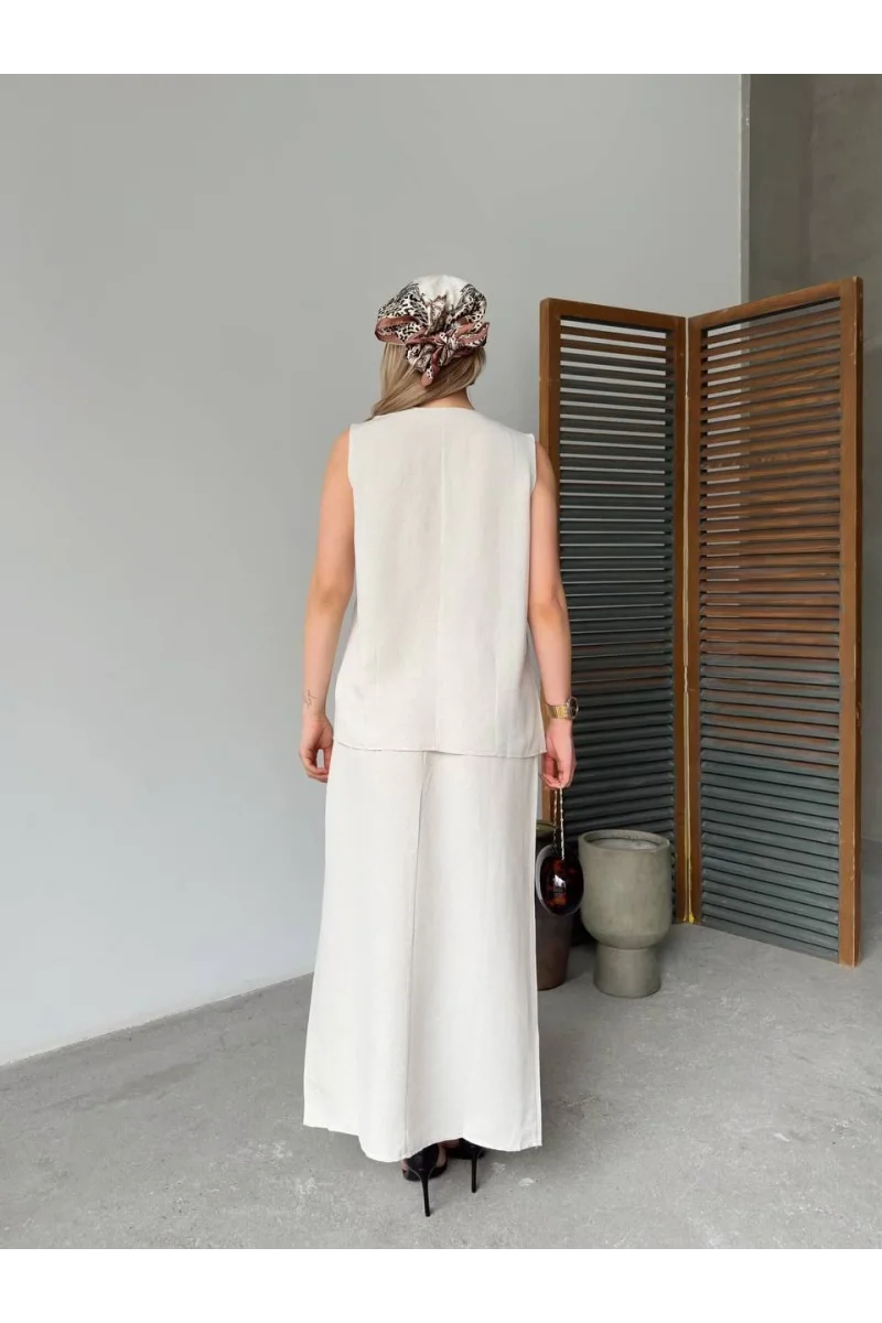 Keten Kolsuz Sıfır Yaka İlik Düğmeli Kolsuz Hırka Etek ikili Takım- Beyaz