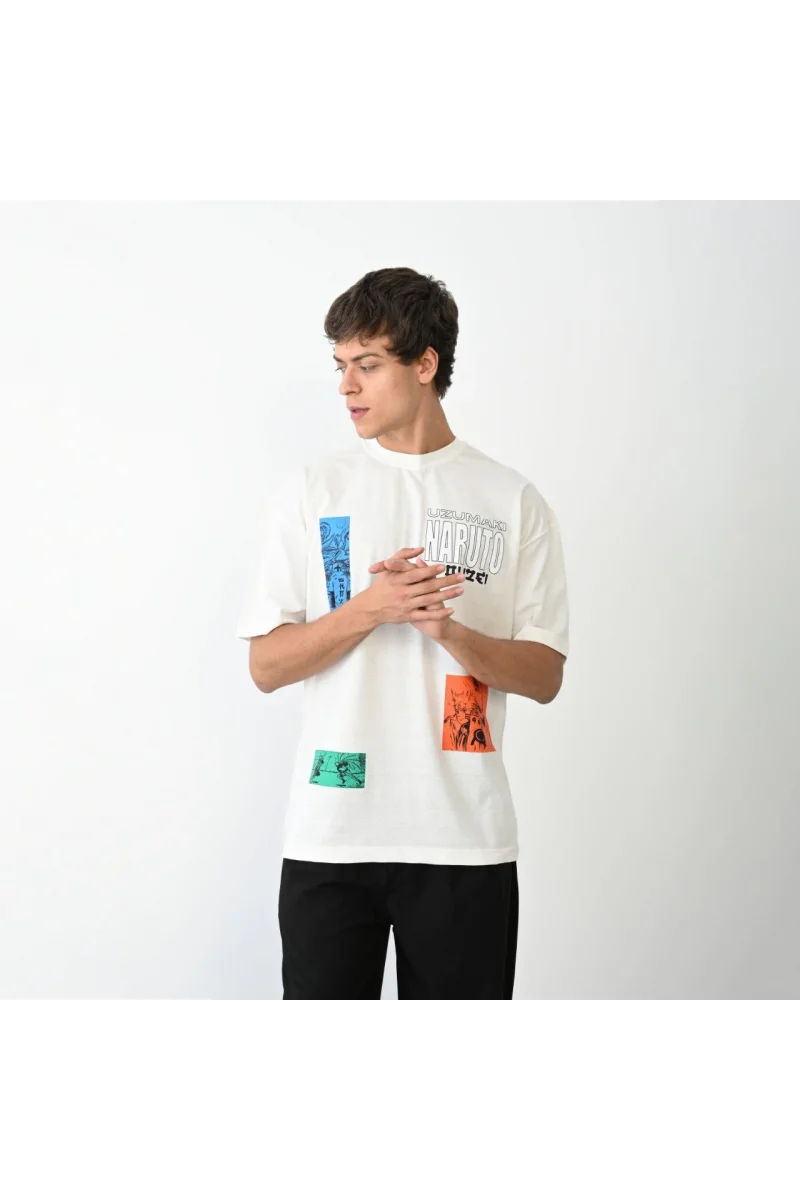 Unisex Bisiklet Yaka Baskılı Oversize T-Shirt - Beyaz