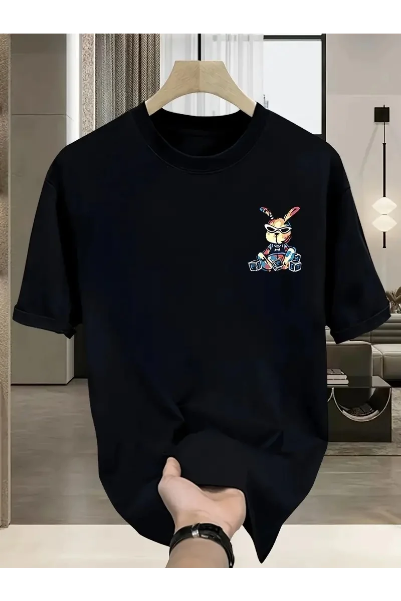 Güneş Gözlüğü Grafikli Karikatür Tavşan Oversize Kısa Kollu Tişört - Siyah