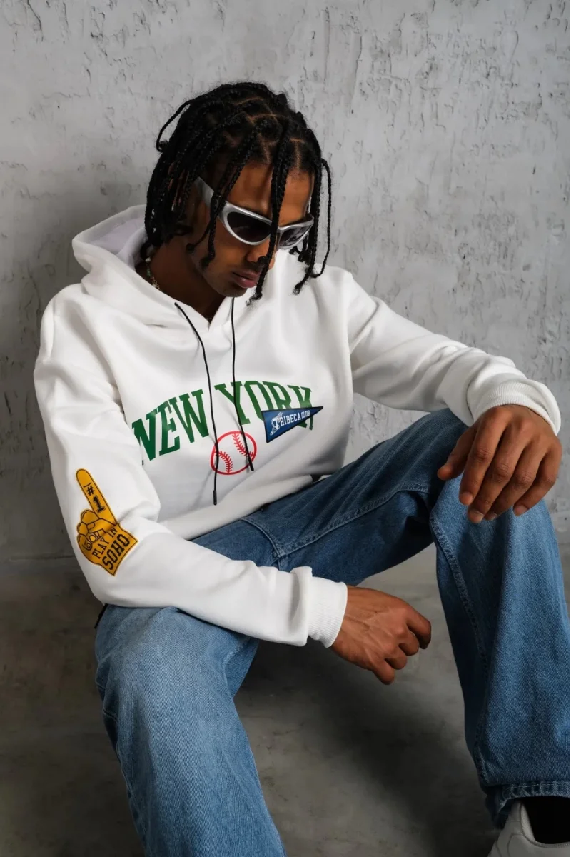 New York baskılı beyaz Sweatshirt