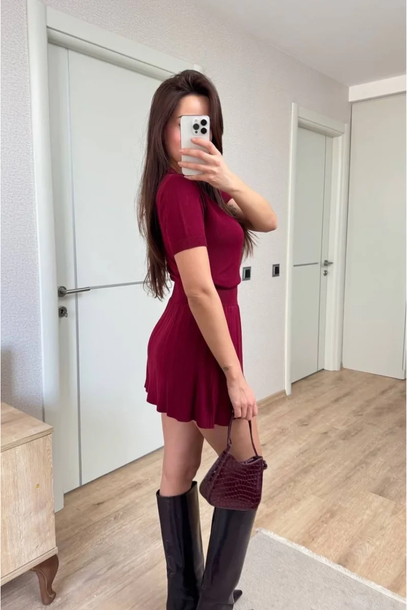 Kısa Kollu Bluz Mini Etekli ikili Takım Triko - Bordo