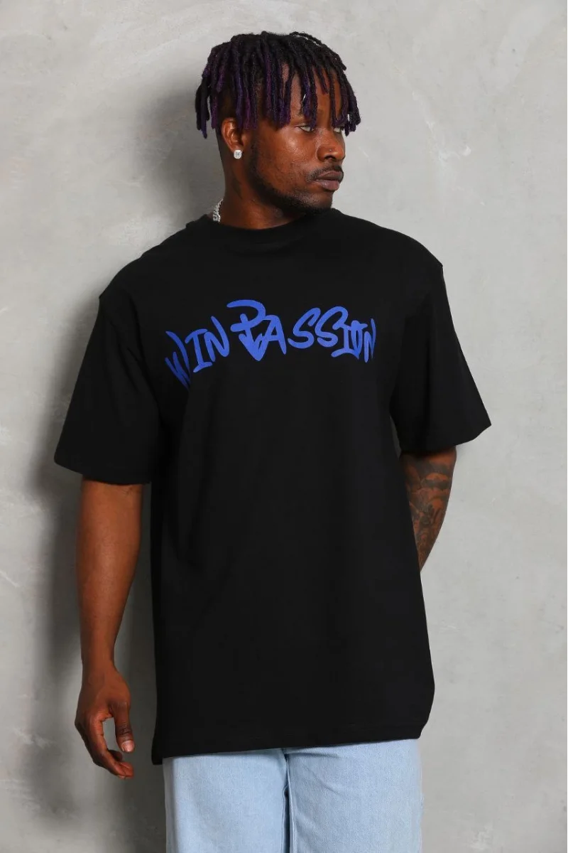 Unisex Oversize Baskılı Bisiklet Yaka T-Shirt - Siyah